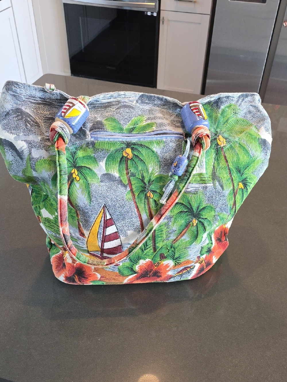 Tropical Palm Sailboat Print Canvas Tote Bag in Green & Coral